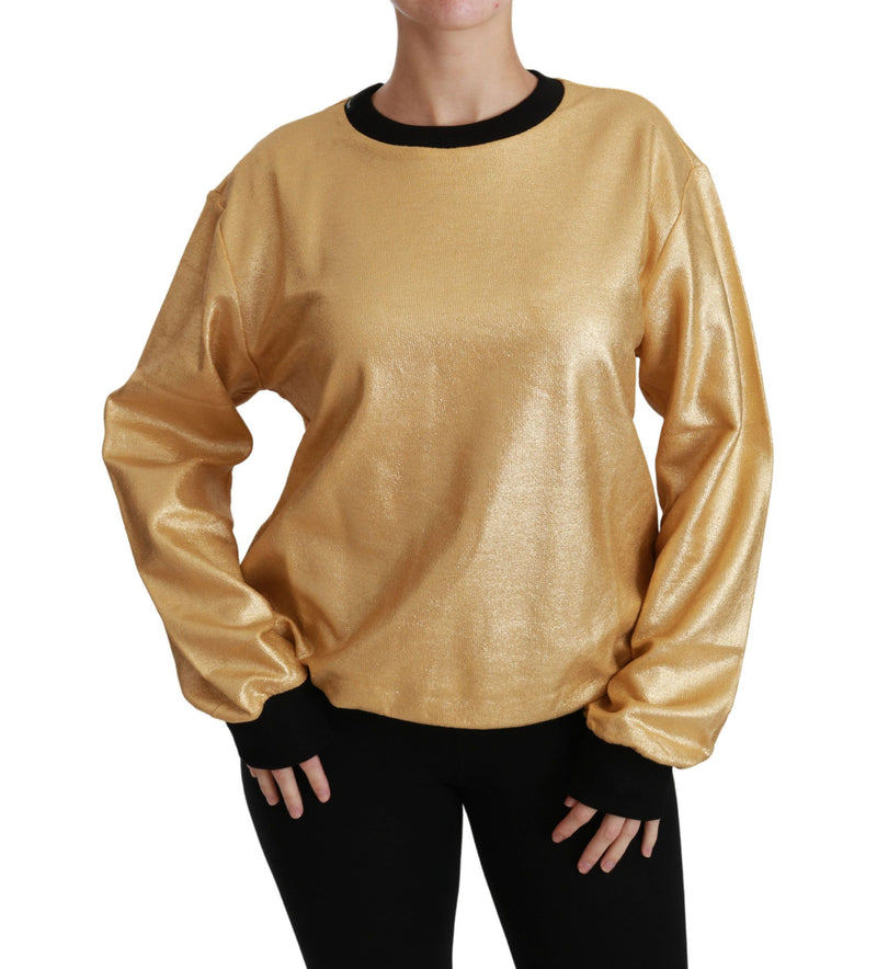 Gold cotton crewneck pullover sweater with contrasting black ribbed collar and cuffs