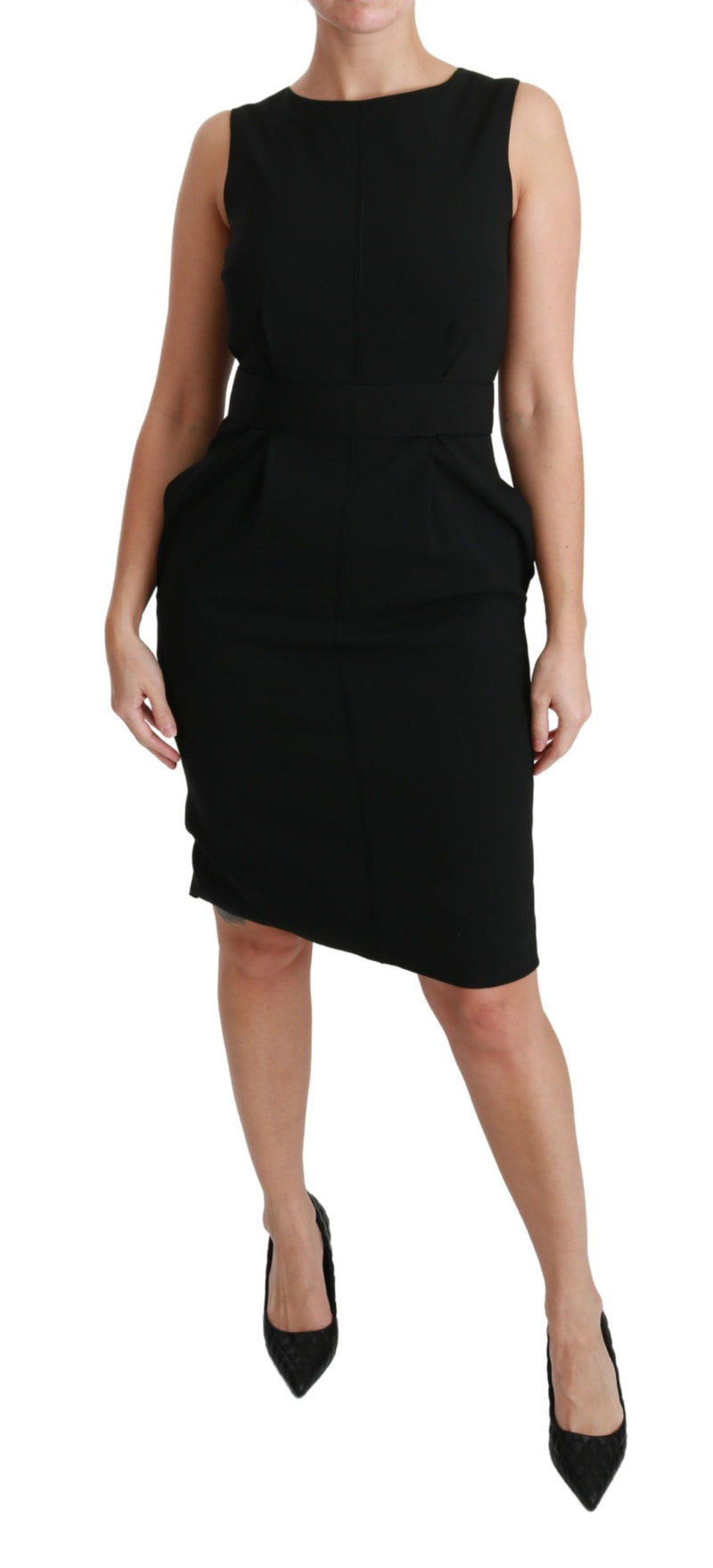 Black sleeveless sheath formal dress with a fitted waist and knee-length skirt