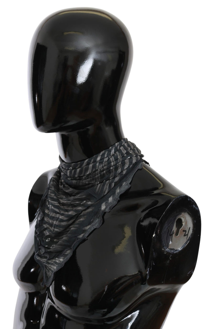 Black and gray striped viscose foulard scarf worn on a glossy black mannequin