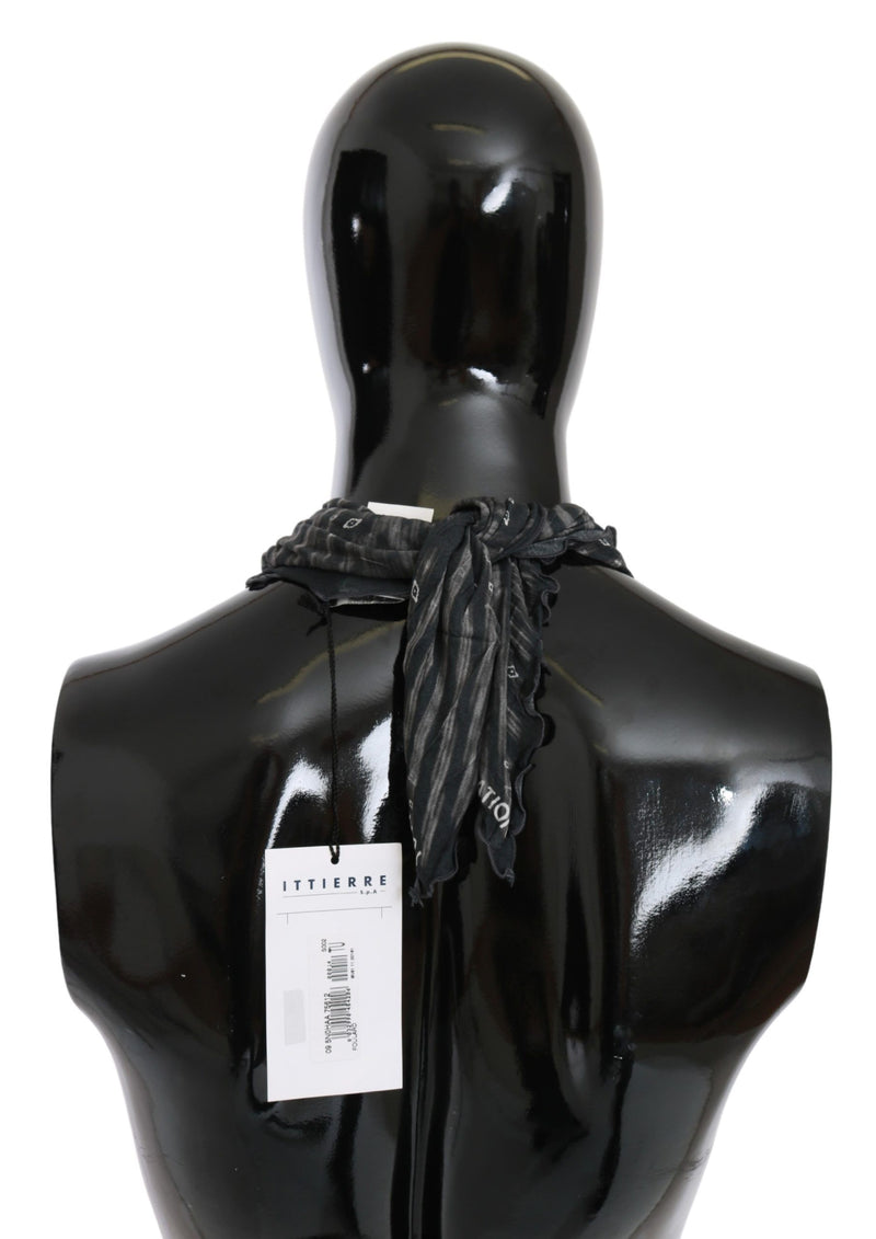 Costume National black and gray viscose foulard scarf worn on a glossy black mannequin