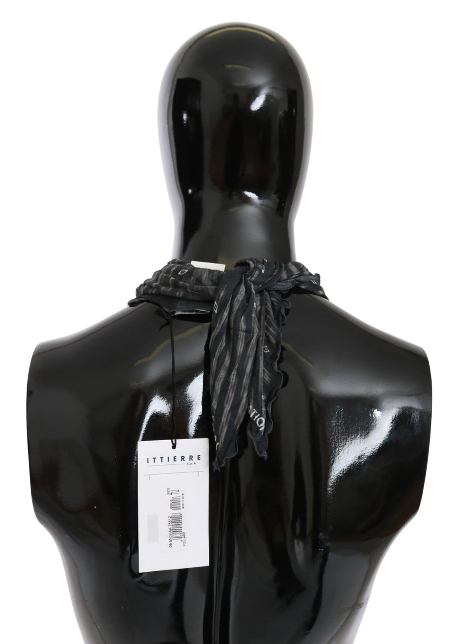 Black and gray striped viscose foulard scarf worn on a glossy black mannequin