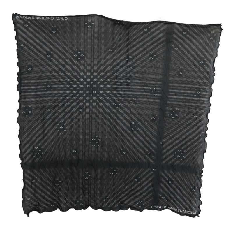 Black and grey viscose foulard scarf with radial geometric pattern and brand text