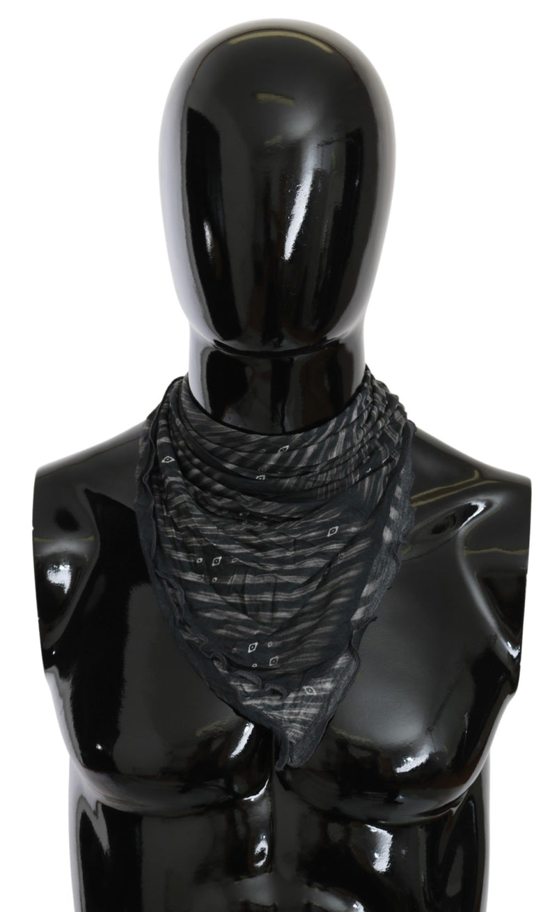 Costume National black and gray viscose foulard branded scarf wrapped around a mannequin