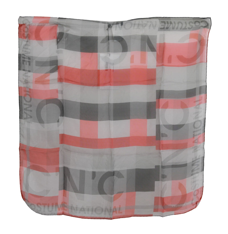 Costume National gray, red, and white branded silk scarf