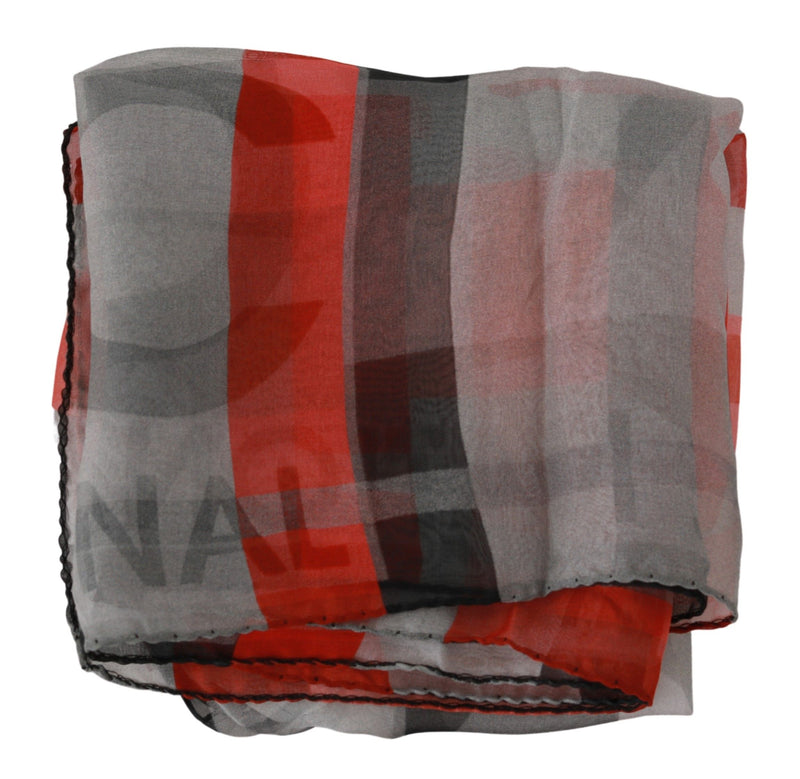 Red and gray branded silk scarf with a sheer texture