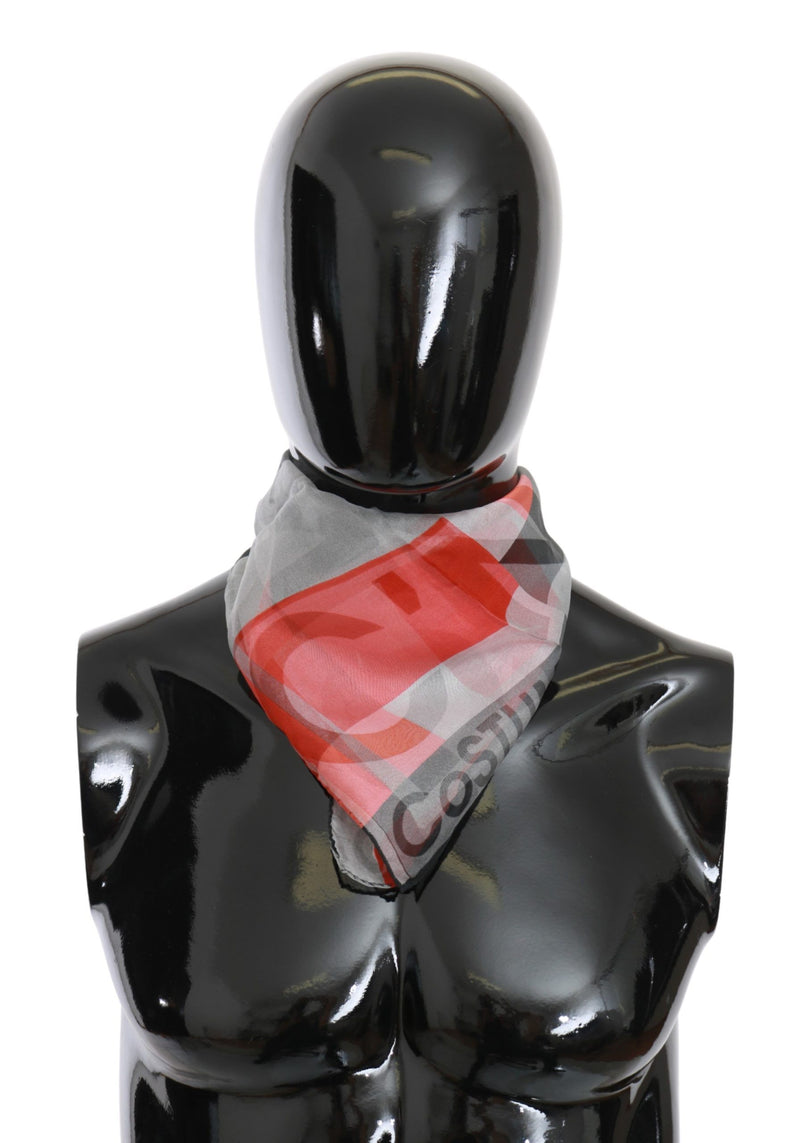 Gray and red silk scarf with branded Costume National logo on a black mannequin