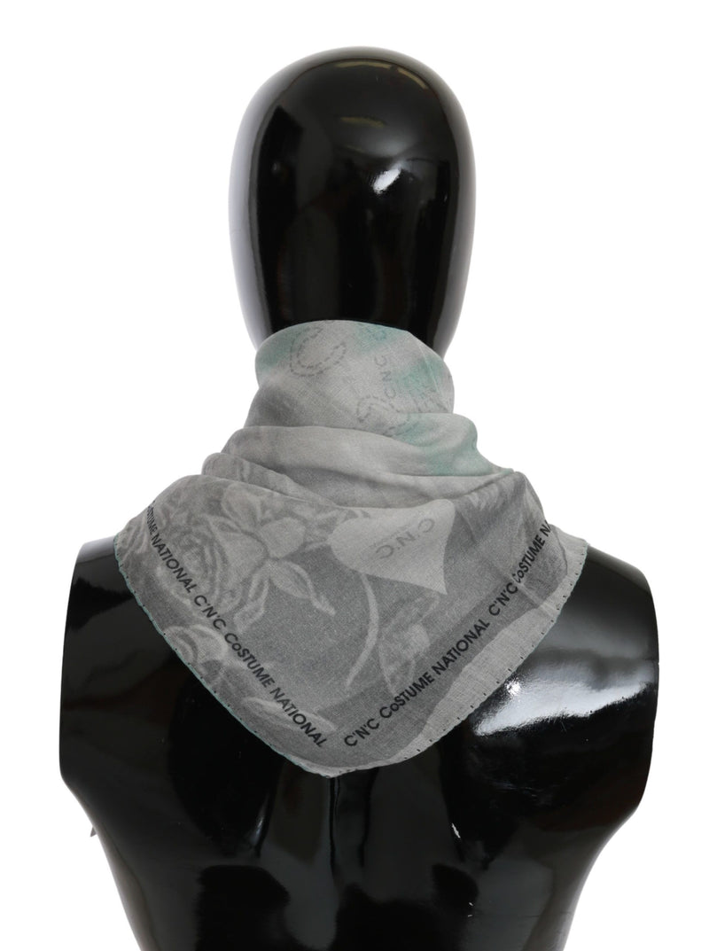 Gray silk shawl wrap scarf with floral pattern and branded text border