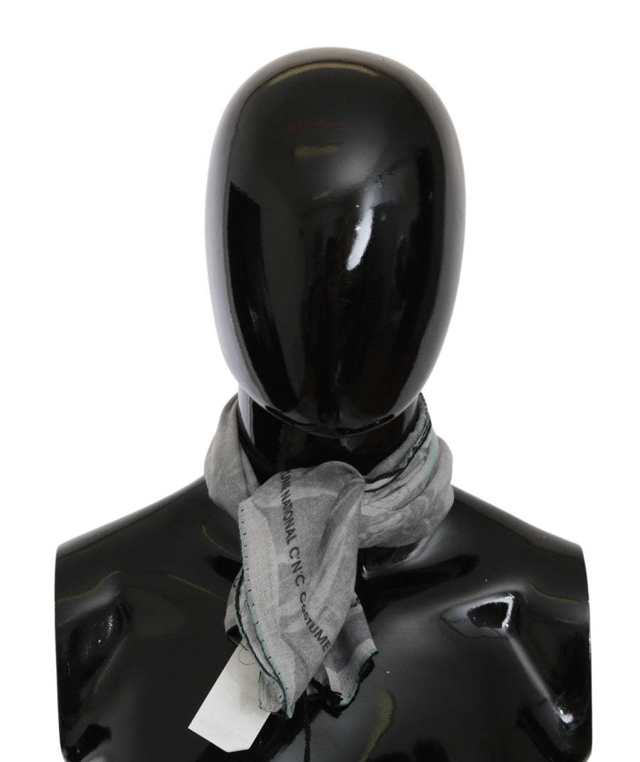 Gray silk shawl wrap scarf with floral pattern and branded text border