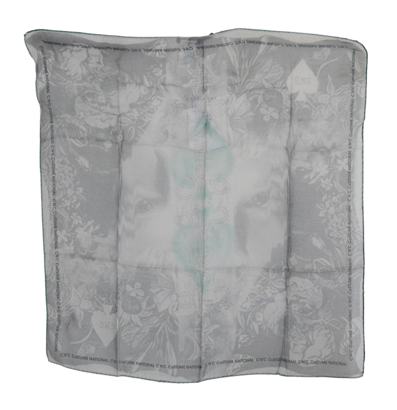 Costume National gray silk scarf with floral and spade print pattern