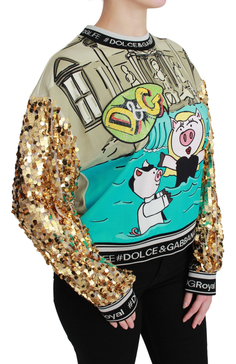 Dolce & Gabbana green printed sweatshirt with gold sequin sleeves and pig graphics