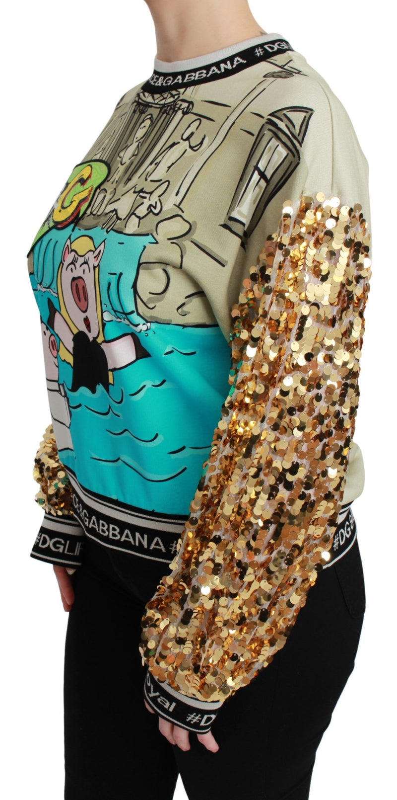 Beige graphic sweatshirt with a cartoon pig and shiny gold sequined sleeves