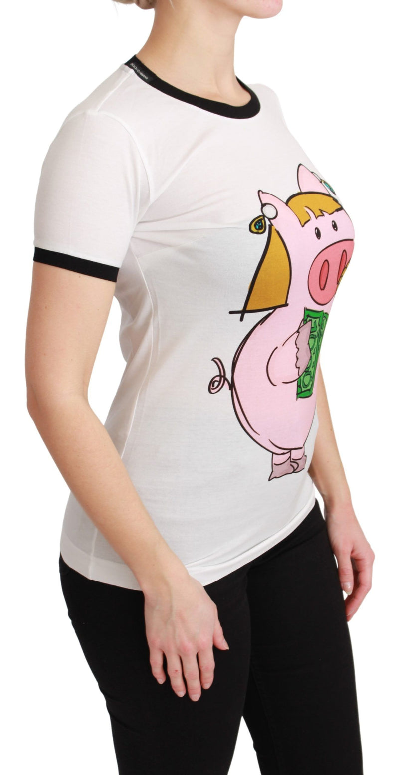 White cotton short-sleeve t-shirt with black trim and a graphic of a pink pig holding money