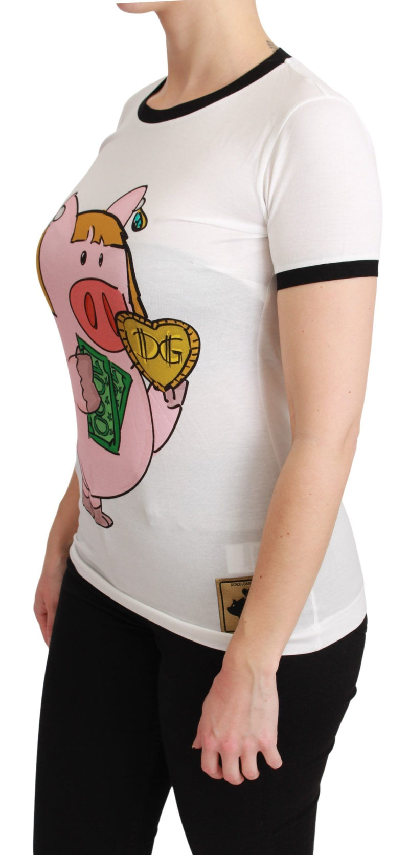 White cotton t-shirt with short sleeves, black trim, and a cartoon pig graphic on the front