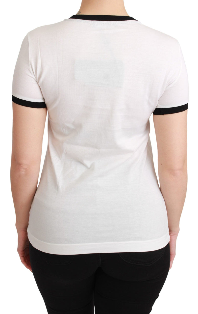 White cotton short-sleeve t-shirt with black crew neck and sleeve trim worn from behind
