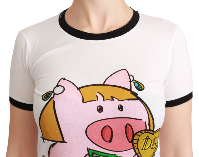 White cotton crewneck t-shirt with black trim and a graphic pig print