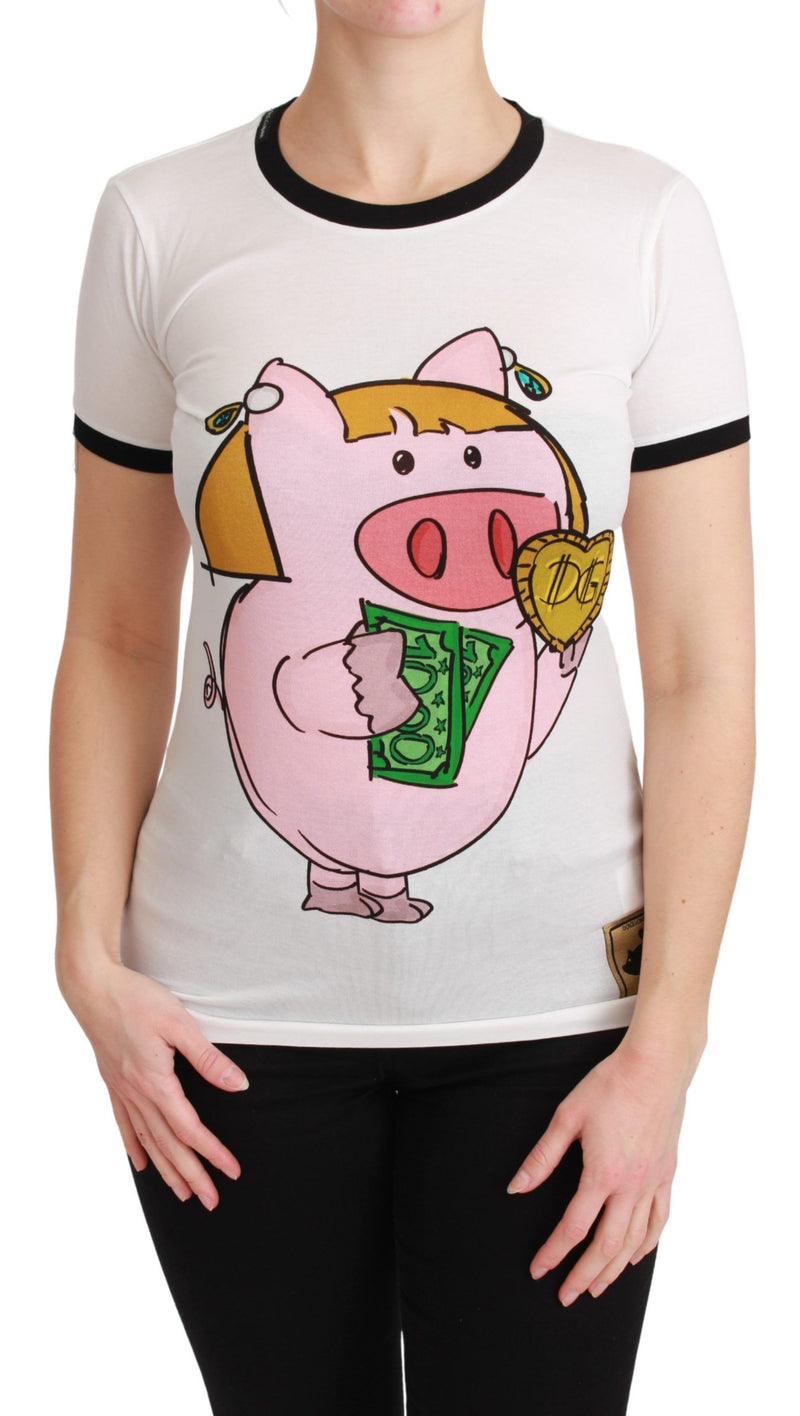 White cotton t-shirt with black trim and a graphic print of a cartoon pig holding money