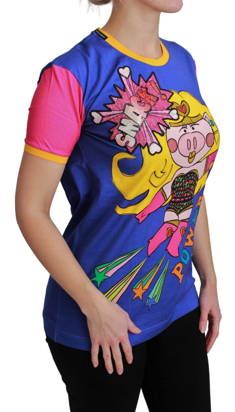 Purple cotton t-shirt with pink sleeves, yellow trim, and a colorful cartoon pig graphic