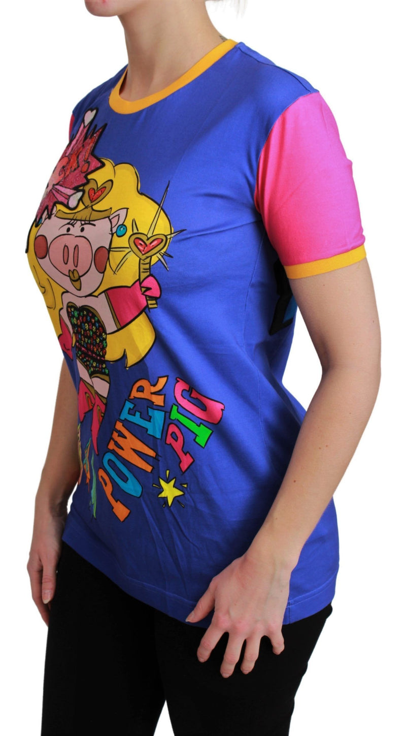 Purple cotton t-shirt with short pink sleeves and a colorful Supergirl pig graphic