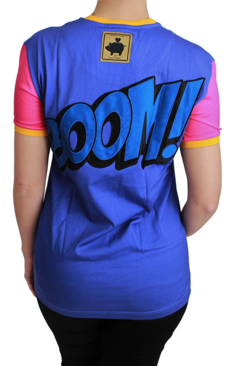 Back view of a purple cotton t-shirt with pink sleeves, yellow trim, and large blue BOOM text on the back