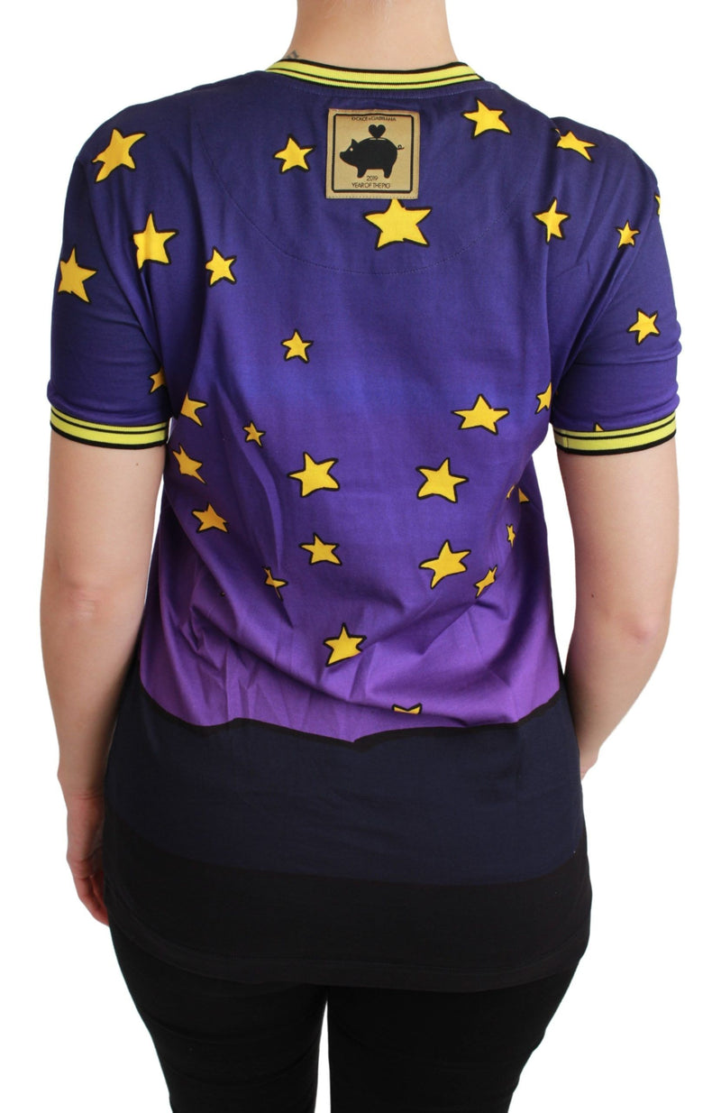 Back view of a purple cotton t-shirt with yellow stars and a Year of the Pig label