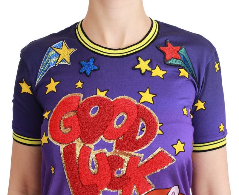 Purple cotton t-shirt with short sleeves, crewneck, and colorful star and Good Luck patches