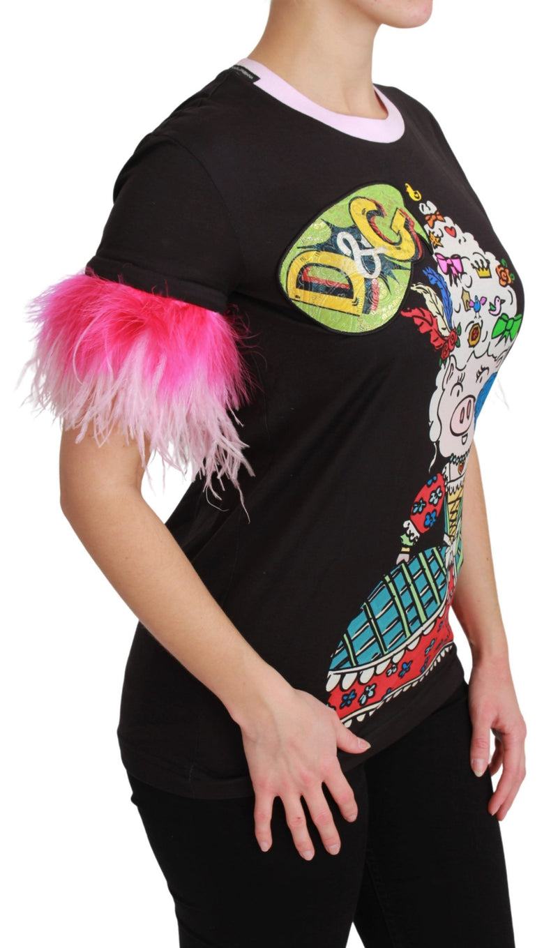 Black cotton t-shirt with pink feather cuffs and a colorful pig graphic print