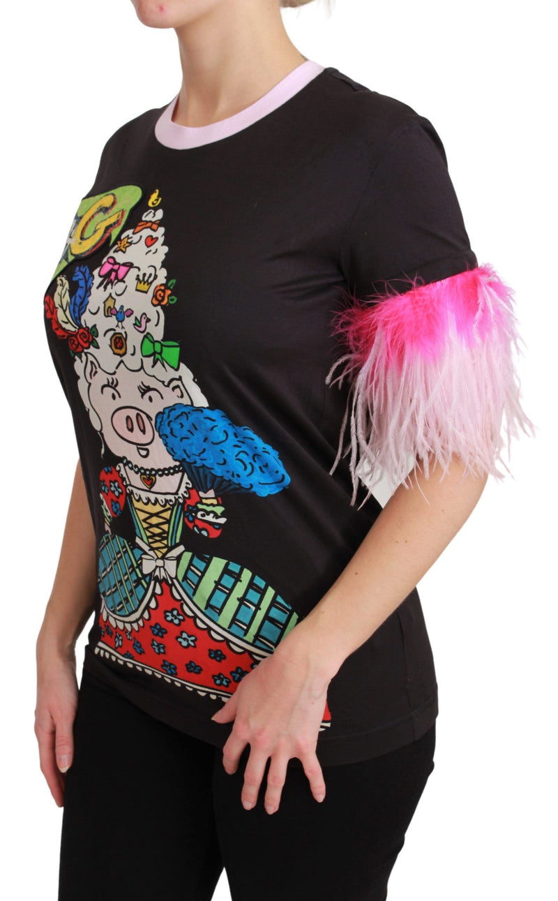 Black cotton t-shirt with pig graphic and pink feather sleeve trim