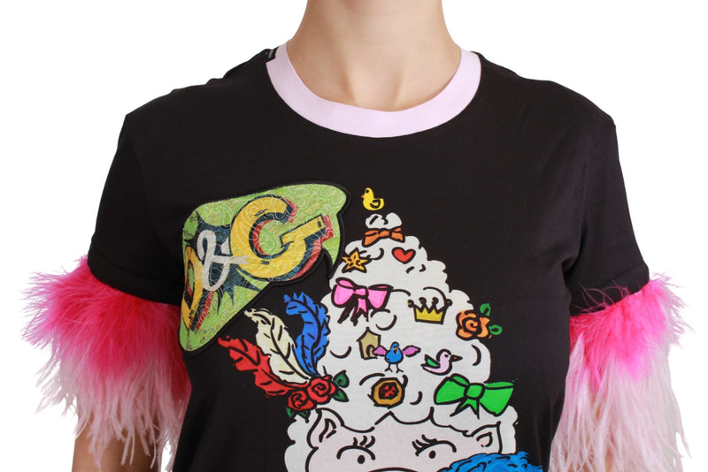Black cotton t-shirt with pink collar and feather cuffs, featuring colorful embroidered patches