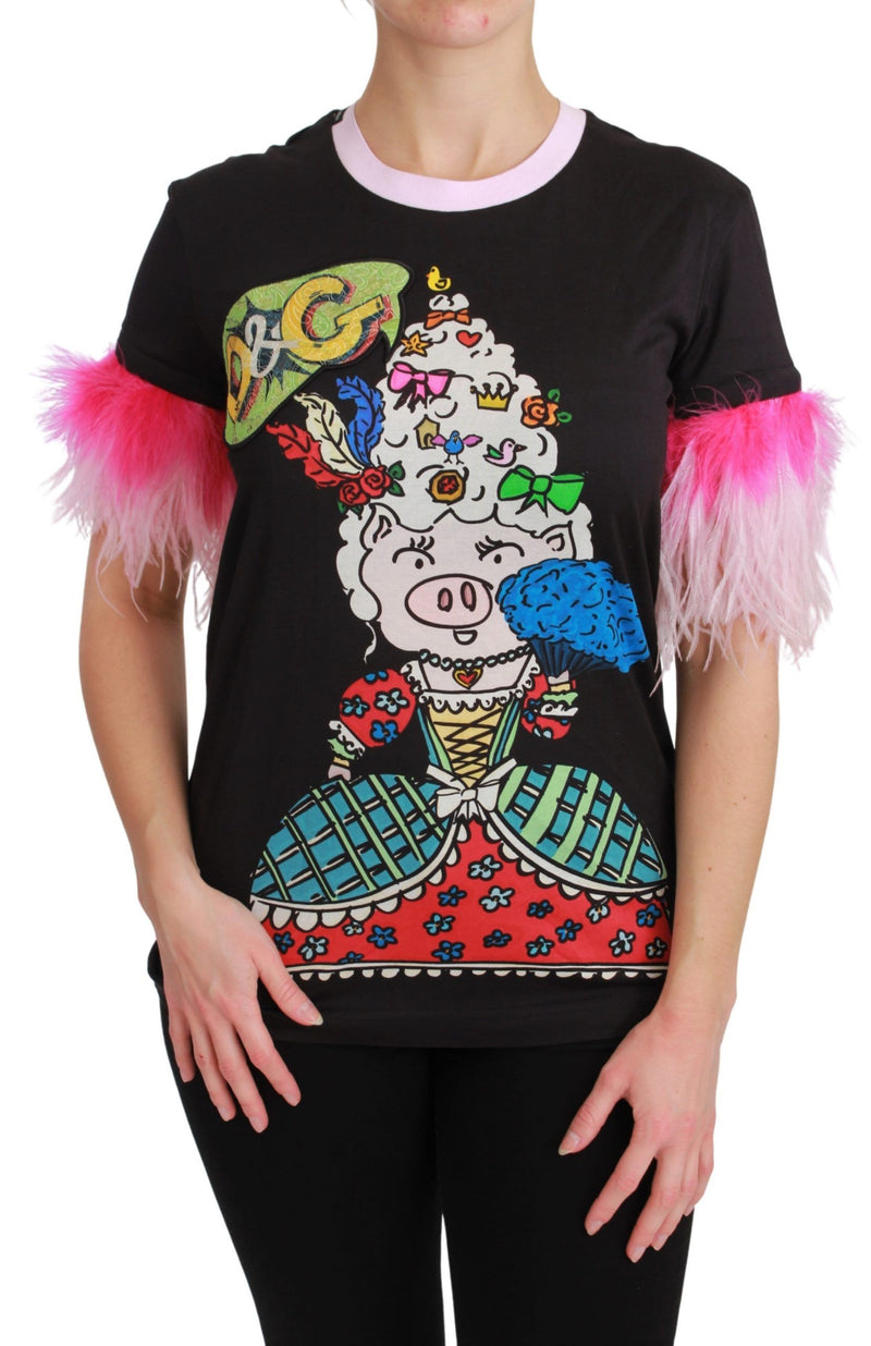Black cotton t-shirt with pig graphic and pink feather sleeve trim