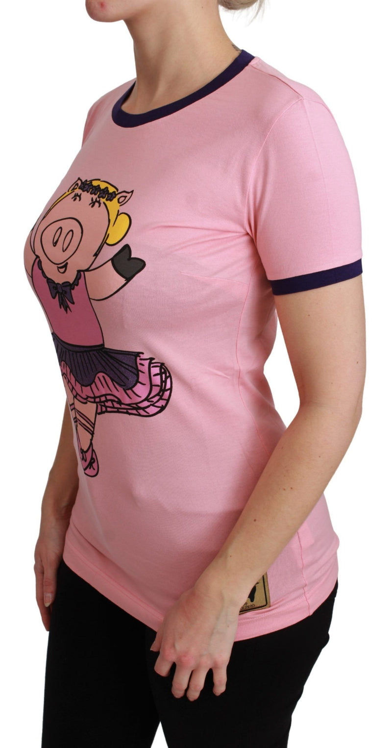 Pink cotton t-shirt with contrasting blue trim and a dancing pig graphic print