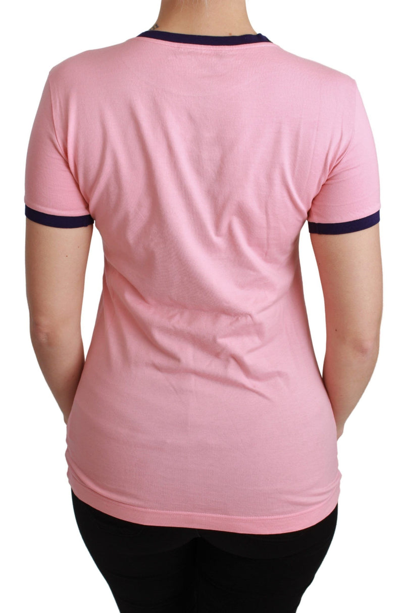 Pink cotton t-shirt with short sleeves and dark trim seen from behind