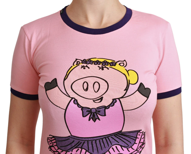 Pink cotton t-shirt with a pig graphic and dark blue ringer collar and cuffs