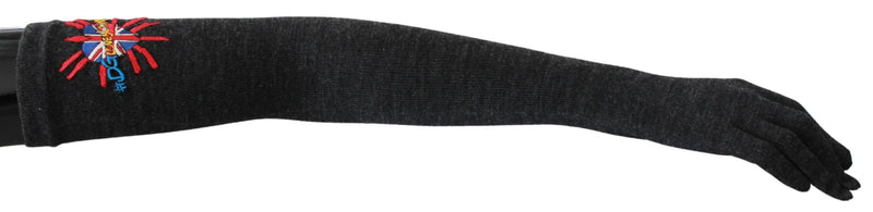 Long dark gray virgin wool gloves with embroidered London flag motif