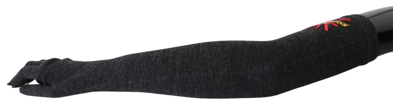 Long dark gray virgin wool gloves with embroidered detail