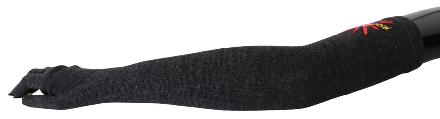 Long dark gray virgin wool gloves with embroidered London flag motif