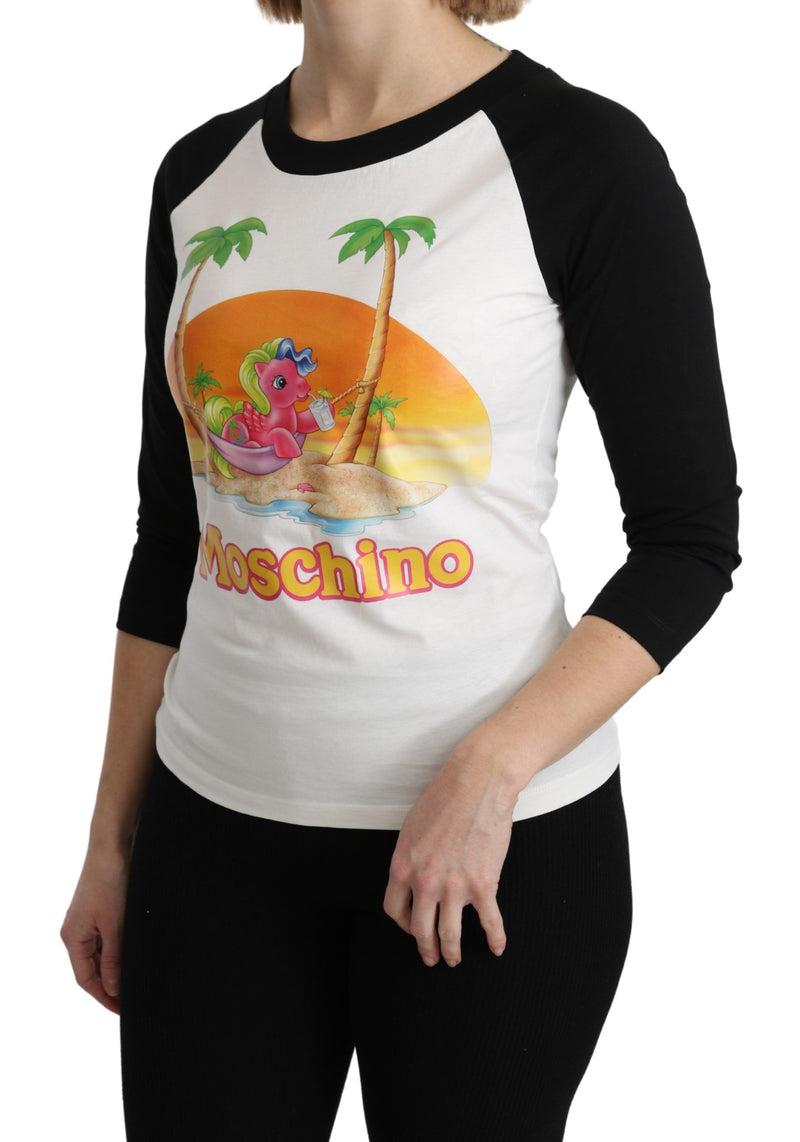 White cotton raglan t-shirt with black three-quarter sleeves and a My Little Pony island graphic