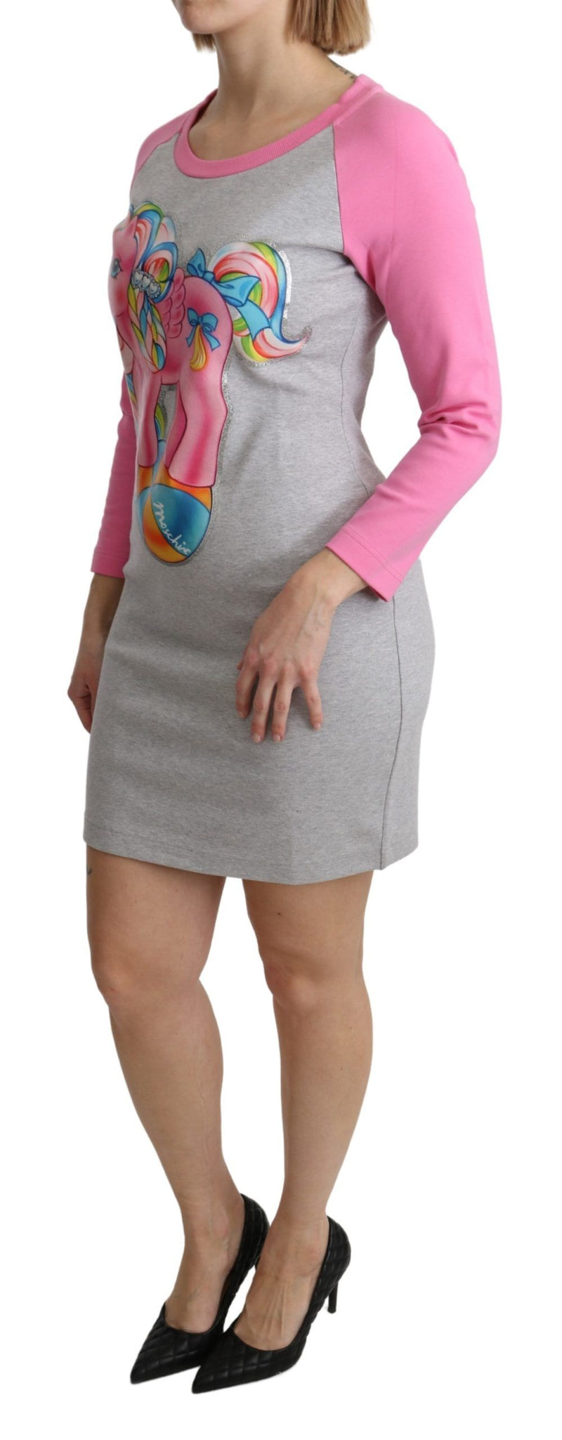 Gray cotton sweater dress with pink sleeves, scoop neck, and a colorful My Little Pony graphic on the front