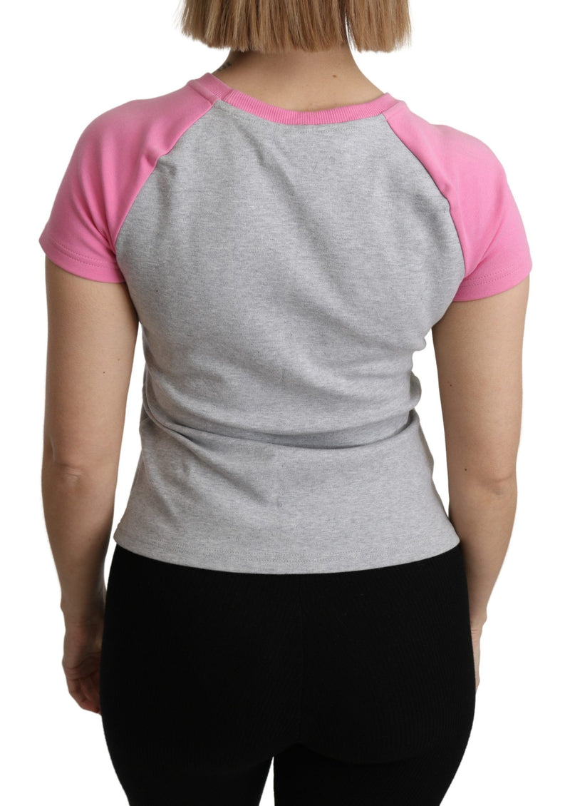 Back view of a gray cotton raglan t-shirt with short pink sleeves and pink crew neck
