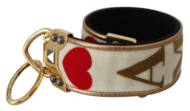 White textile leather shoulder strap with gold hardware, red heart motif, and AMORE lettering