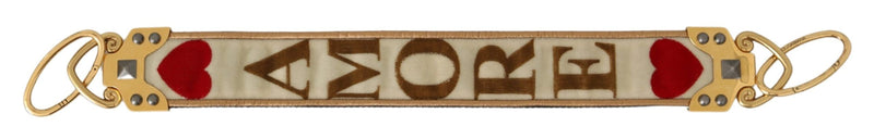 Gold and white textile shoulder strap with AMORE lettering and red hearts