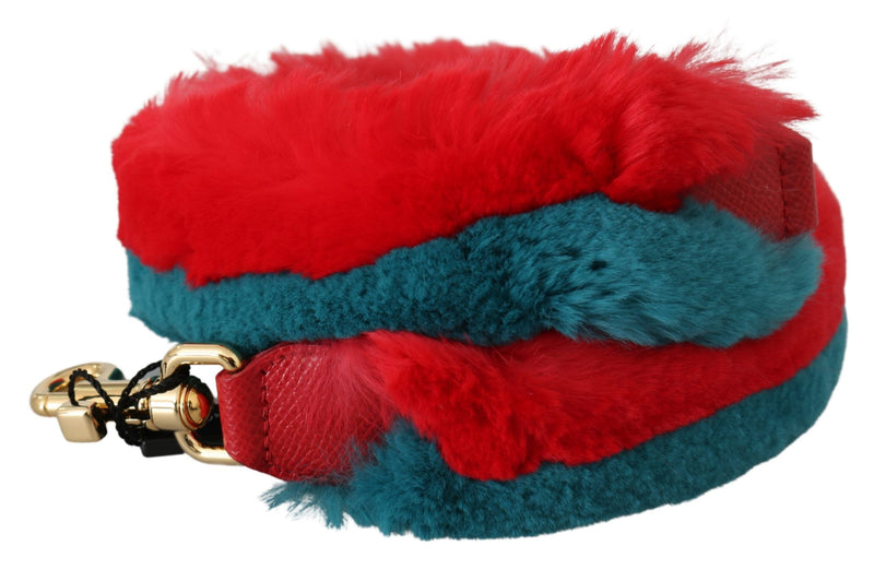 Red and blue rabbit fur and leather shoulder strap with gold hardware
