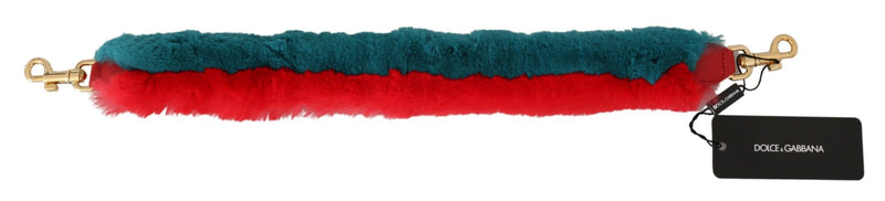 Red and teal rabbit fur shoulder strap with leather ends and gold clasps