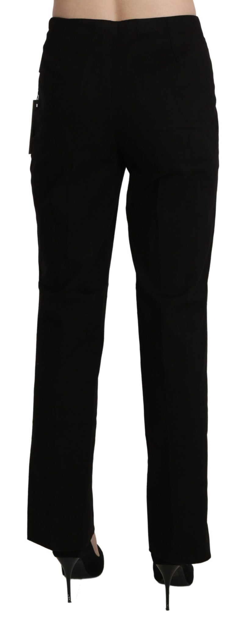 Black high waist straight dress trousers viewed from behind worn with heels