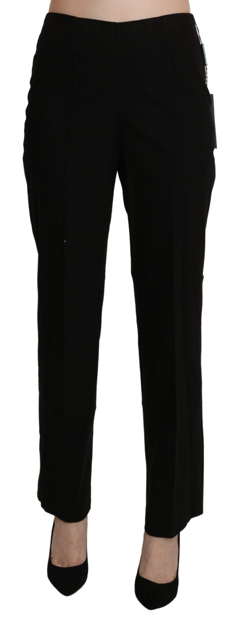 Black high-waist straight-leg dress trousers made of smooth fabric
