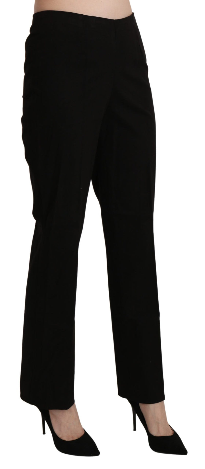 Black high-waist straight dress trousers made of smooth fabric, styled with heels