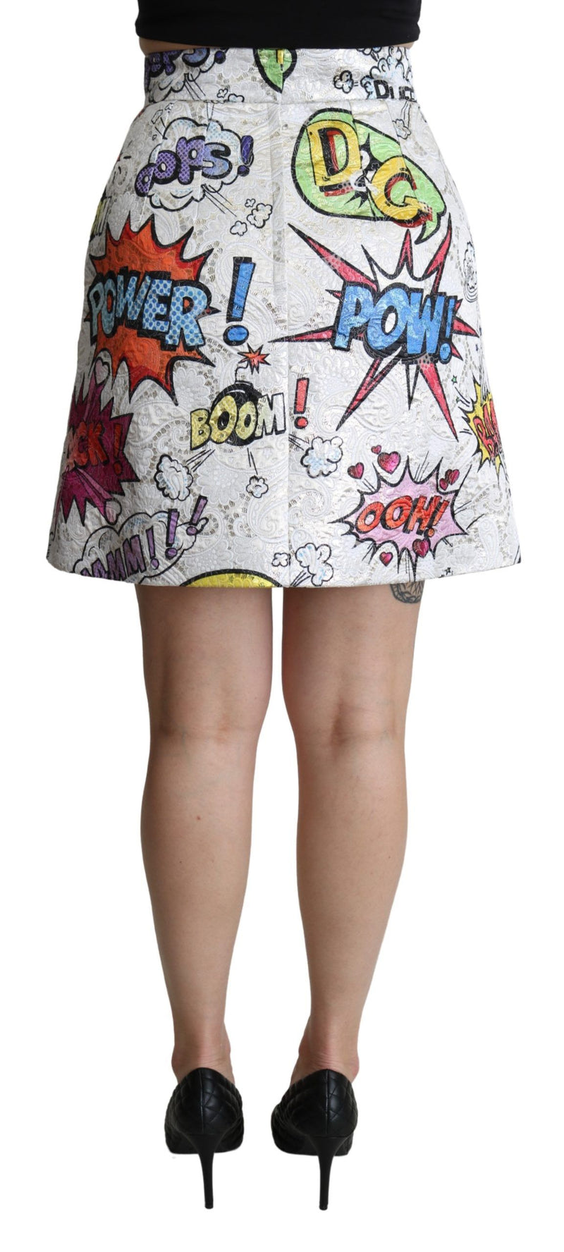 White brocade A-line high waist skirt featuring colorful comic book graphics