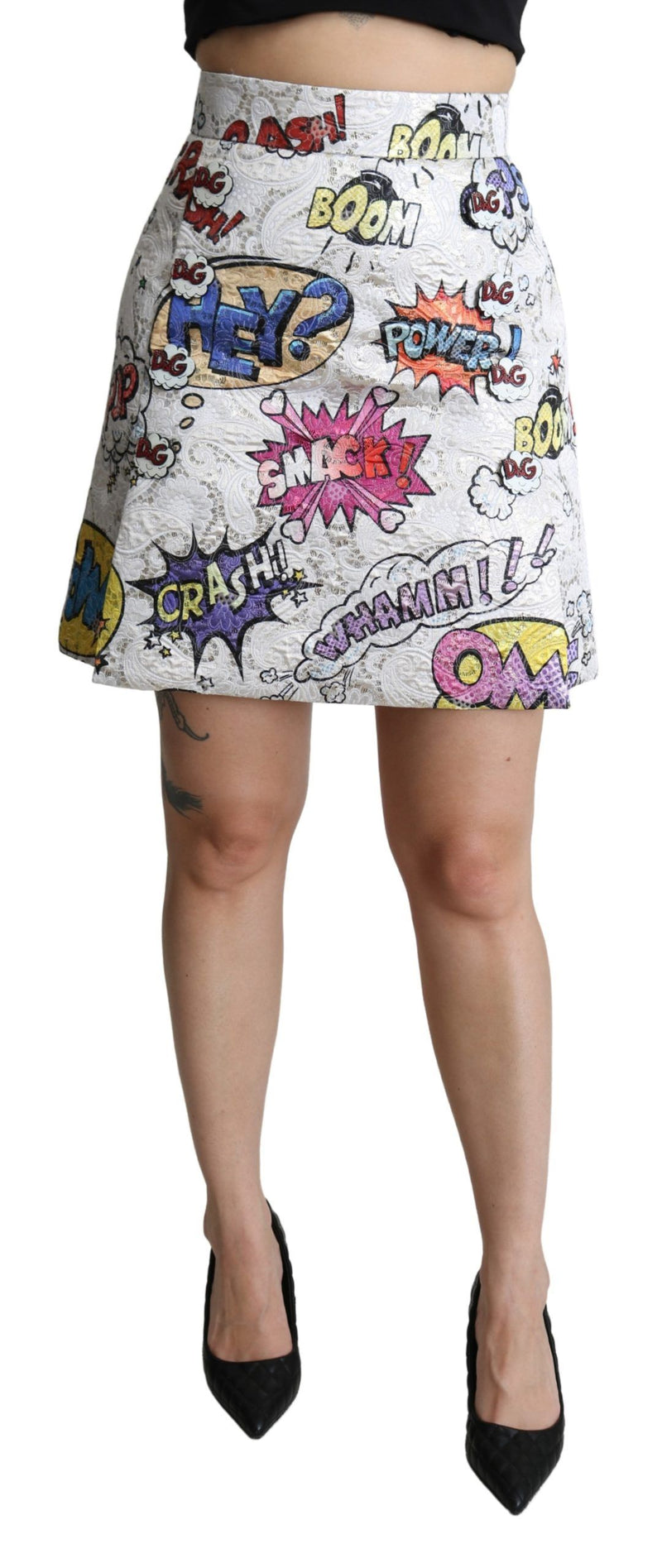 White A-line high waist brocade skirt featuring colorful comic book speech bubble graphics