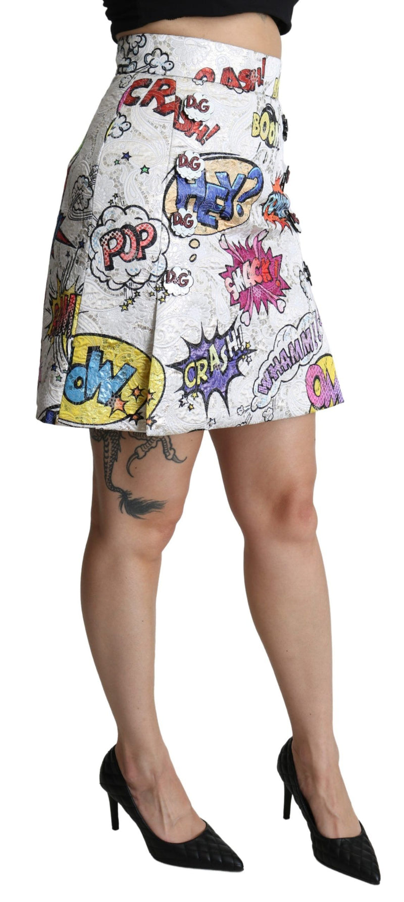 White brocade high-waist A-line skirt with colorful cartoon pop art graphics