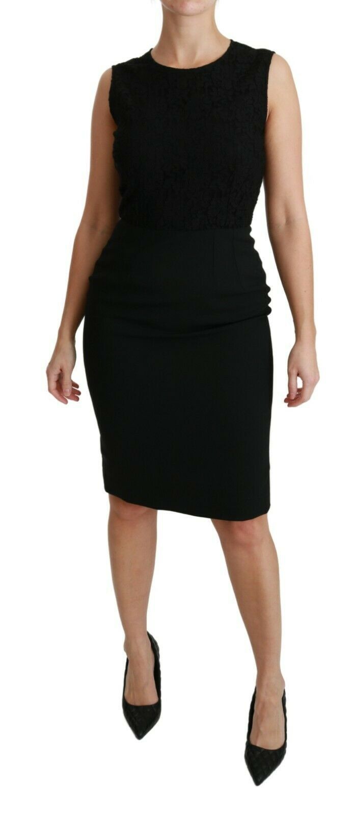 Black sleeveless sheath dress with lace bodice and fitted pencil skirt