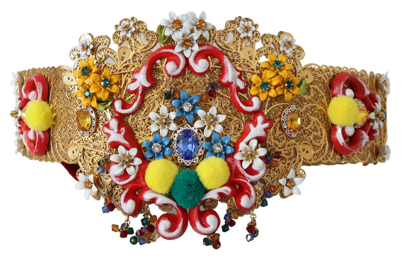 Gold metal wide waist belt with red, yellow, and blue crystal floral and pom pom embellishments